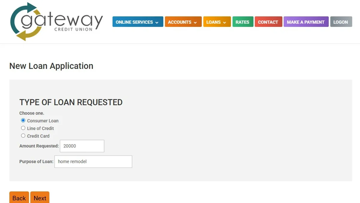 Gateway Credit Union loan application screenshot